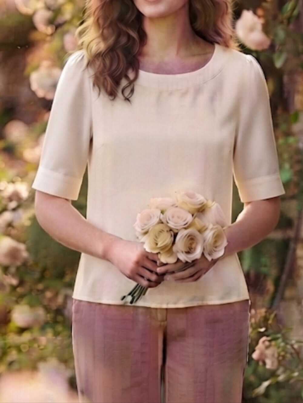 Worthington Cream Pleated-Sleeve Blouse